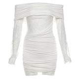 Women's Clothing 2025 Autumn New French Temperament Word Shoulder Long-Sleeved Lace Hollow Bagged Hip Dress