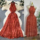 French Retro Style High-End Dye Hanging Neck Sleeveless Dress Women Summer Waist Design Beautiful Swing Dress