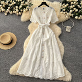 Summer Dress French Retro Heavy Industry Hollow Embroidery Round Neck-Waist Short-Sleeved Dress Female Thin Single Row Buckle Long Skirt