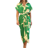 2025INS Women's Printed Collar Short Sleeve High-Waisted Long Shirt Dress