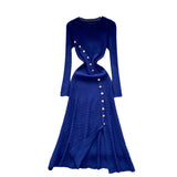 Autumn 2025 French Elegant Temperament Metal Button Repair Waist Long Pit Knitted Dress Woman