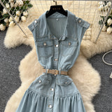 Light Ripe Wind Niche High-Grade Buckle Collar Sleeveless Roll-Lens Denim Dress Women's Summer Long Dress
