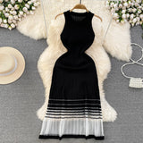 2025 Summer High-End Sense Temperament Round Recipient Waist Thin A-Word Mesh Splicing Knitted Vest Dress