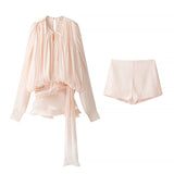 Pressed Folding Ribbon Design Loose Waist Mini Dress Shorts Set 2025 Spring And Summer Street Fashion Woman