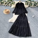 French Temperament Set Female Court Vintage Lace Spliced Lantern Sleeve Single-Button Shirt High-Waisted Skirt