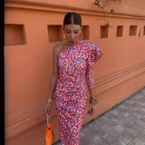 2025 Summer Women's Dress French Retro Print Oblique Shoulder Design Body-Body-Suited And Hip Dress Skirt Fashion Temperament