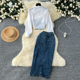 Korean Version Of The Goddess Fan Fashion Splicing Two Long-Sleeved Shirt Women Belt Belts Waist Cowboy Half Dress Two Sets