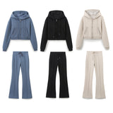 Women's Casual Sports Suit Spring Big Pocket Hooded Long Sleeve Zipper Repair Short-Sized Tidaught Rope Waist