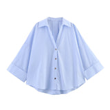 2025 Spring And Summer New Women's Fashion Casual Collar Striped Wide-Sleeved Shirt
