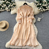 Artistic Retro Casual Dress Women's 2025 Spring Folding Lantern Sleeve Casual Loose Single-Dripple Shirt Long Dress