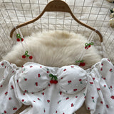 2025 Spring And Summer Sweet Shoulder Slings Bubble Short Sleeve Cherry Print Waist Dress Women's Wooden Ear Short Skirt