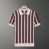 Trendy Summer Short-Sleeved Men's Korean Version Of Retro Striped Personality Zipper Half-Sleeved Knitted Shirt Casual T-Shirt Man's Tide