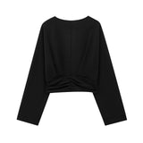 Folded Decorative Short Top 2025 Spring Women's Long-Sleeved V-Neck Buckle Short Shirt