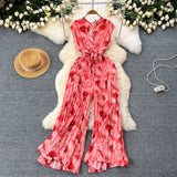 Vacation Ins Wear A Female Senior Sense Sleeveless V-Neck Tie Strap To The Belt Print Loose Broad Legs 100-Folded Jump-Fitting Trousers