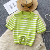 Short-Sleeved Knitted Women 2025 Summer South Korea Ins New Trendy Sleek Striped T-Shirt Women's Tops