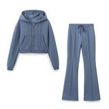 Women's Casual Sports Suit Spring Big Pocket Hooded Long Sleeve Zipper Repair Short-Sized Tidaught Rope Waist