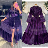 Court-Style Dress Women's French Retro Fashion Collar Pearl Single Buckle Lace Splicing Velvet Swoon Long Dress