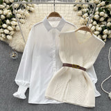 Korean Style Suit Women's Casual Long-Sleeved Shirt + Waist V-Neckless Knitted Vest Two-Piece Set