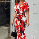 2025INS Women's Printed Collar Short Sleeve High-Waisted Long Shirt Dress