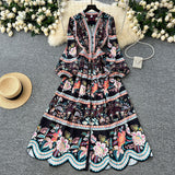 Famous Vintage Printed Dresses Women's New Spring 2025 New Waist Temperament V-Neck Single-Rece Buckle Long Dress