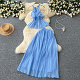 Holiday Style Suit Women's Summer French Waistless Sleeveless Hanging Neck Top High Waist Thin Half Skirt Two-Set
