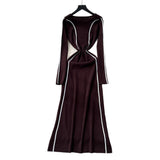 French High-End Sense Niche Fashion Side To Receive Waist Round Collar Long-Sleeved Sweater Dress Female Thin Dress