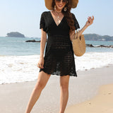 2025 New Beach Dress Corrugated Hollow Dress Deep V Elastic Waist Hot Beach Burqa