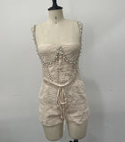 Spring/Summer 2025 New Fashion Sexy Pure Colored Navel Suede Suit Blouse Shorts Set