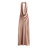 Women's Clothing 2025 Summer New Temperament Hanging Neck Collar Silk Texture Repairing Flute Dress