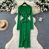 French Small Fragrant Style High-Level Sense V-Neck Metal Buckle Waist Knitted Dress Women Autumn Body Fork Long Dress