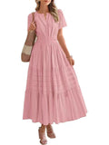 2025 Spring And Summer Women's New Fashion V-Neck Folding Bubble Sleeve Layer - Big Swing Dress Woman