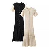 Women's Clothing Exploding Fashion Simple Solid Color Button Short Sleeves Knitted Dress