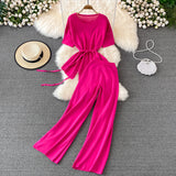Fashion Suit Goddess Fan Irregularly Round Neck Knitted Top Two Sets Of High-Rise Thin Broad Leg Trousers