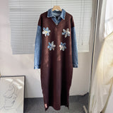 Autumn/Winter 2025 New Cowboy Splicing Knitted Two-Piece Collar Dress Flower Nails Decorated Long Dress Woman