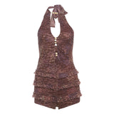 2025 Summer New Women's Sexy Hottie Fashion Hanging Back Hollow Short Jumpsuit