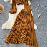 French Wear With A Female Autumn Temperament Short Lantern Sleeve Shirt High Waist Hanging Feeling Open Skirt Two Sets