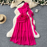 Atmosphere Three-Dimensional Flowers With Slanted Shoulder Dress Women's Folds To Waist Chic Design Irregular Vacation Dress