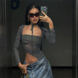 Spring 2025 Fashion Trend Women's New Long-Sleeved Square Necker Repair Exposed Umbilly Mesh Perspective T-Shirt