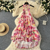 Summer Three-Dimensional Flowers Hanging Neck Slings Loose Short A-Shaped Dress Women's Lotus Leaf Side Vacation Skirt