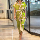 2025INS Women's Printed Collar Short Sleeve High-Waisted Long Shirt Dress