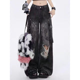 Fat Mm Cool Hole Jeans Female Large Size Street Personality Babes Tied Loose Thin Leg Trousers