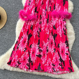 High-End Elegant Dress Women 2025 New Light Style Waist Hair Sleeve Splicing Print 100-Folded Long Dress