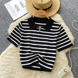 Short-Sleeved Knitted Women 2025 Summer South Korea Ins New Trendy Sleek Striped T-Shirt Women's Tops