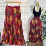 New Tight Waist High Waist Crums Sweet A-Shaped Skirt Women's Long Print 100-Fold Skirt