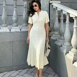 Women's Clothing Exploding Fashion Simple Solid Color Button Short Sleeves Knitted Dress
