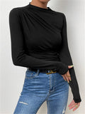 2025 Solid Color Trim Bottom Shirt Folding Design Long-Sleeved T-Shirt Lady Top