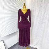 Autumn New Sexy Cross-Dress V-Neck Long Sleeves Elastic Mesh Hot Diamond Dress Female Elegant Dress
