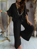 2025 Standing V-Neck Bat Sleeve Top Sleeves Casual Trousers Set Stylish