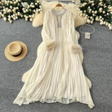 Autumn 2025 New Elegant Solid Dress Round Collared Loose Hair Splicing 100 Folding Long Dress