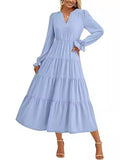 2025 Autumn Long Dress Long Sleeve V-Neck Layered Lotle Leaves By The A-Line Cocktail Party